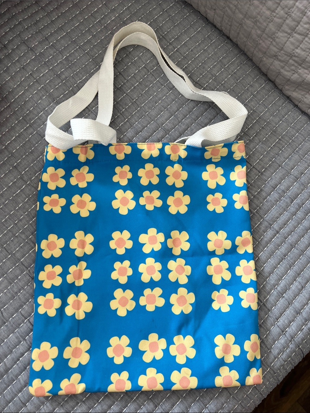 Blue Floral Canvas Tote Bag with Cream Straps